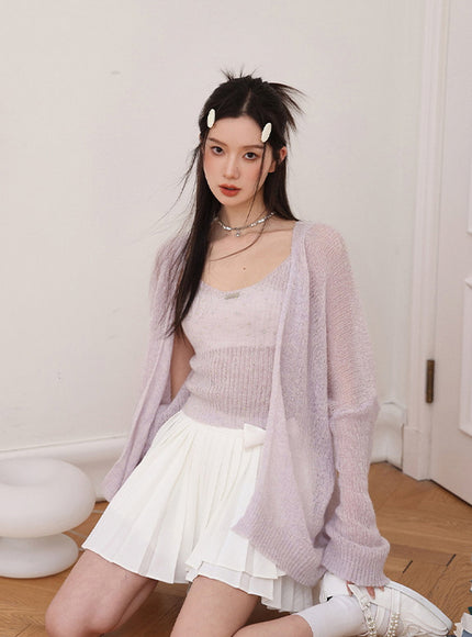Soft Lilac Sheer Knit Cardigan Set