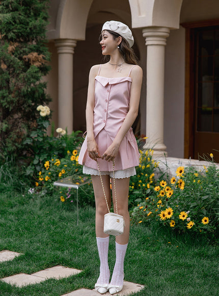 Blush Button-Up Camisole and Pleated Skirt Set