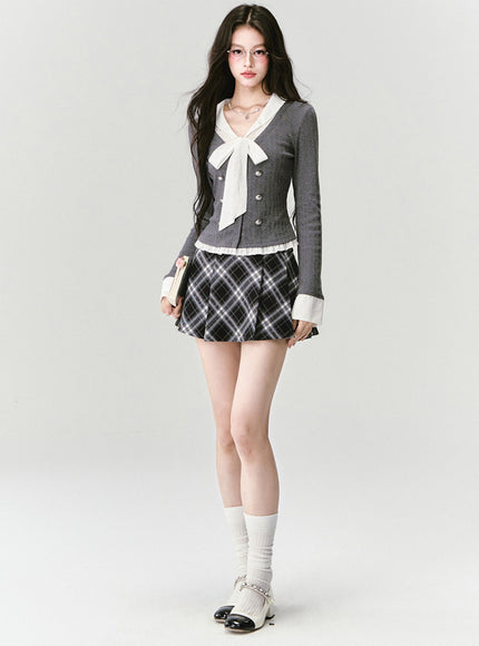 Bow Tie Top & Plaid Mini Skirt Set
