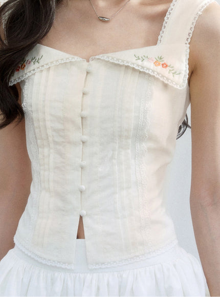 Embroidered Collar Button-Up Corset Top