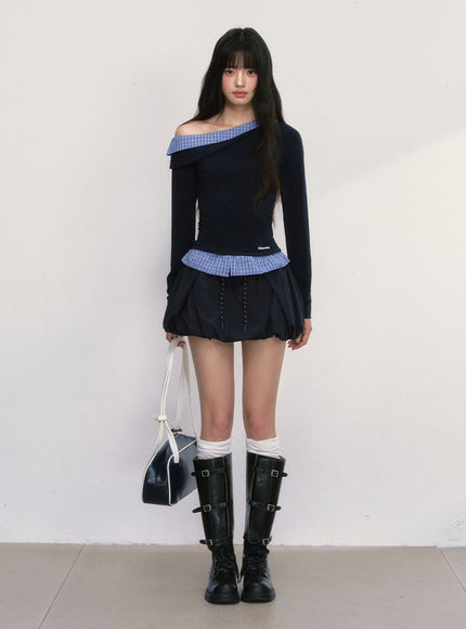 Off-Shoulder Check Trim Top