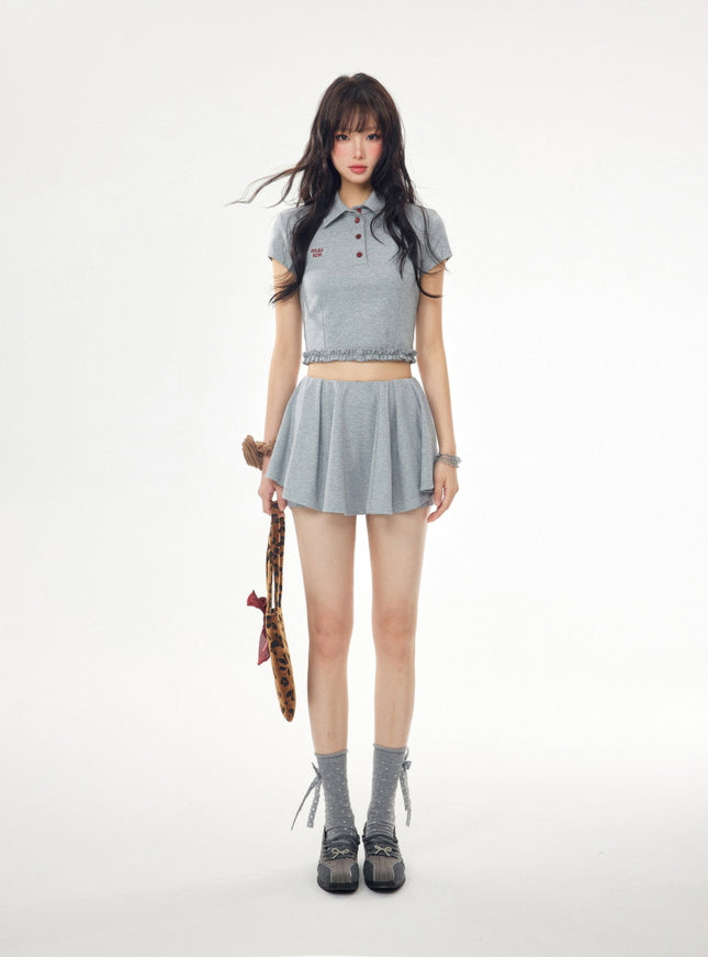 Preppy Cropped Polo and Pleated Skirt Set - Grey