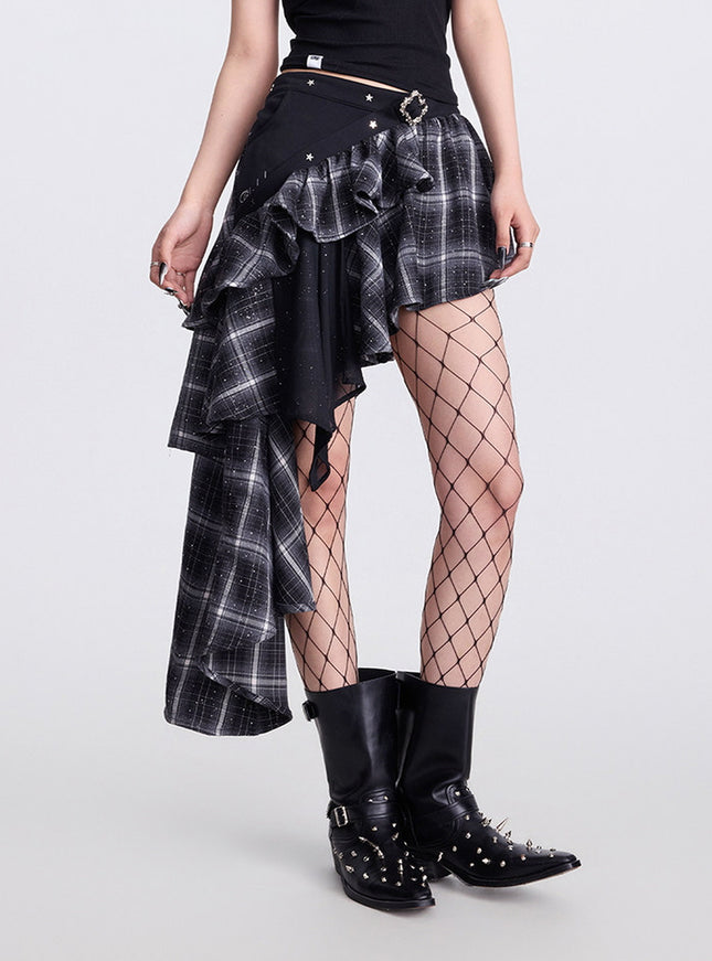Asymmetrical Plaid Ruffle Mini Skirt