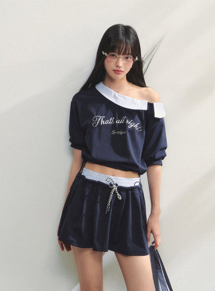 Striped Embroidered Top & Skirts Two-Piece Set - Navy