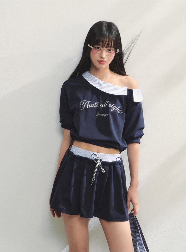 Striped Embroidered Top & Skirts Two-Piece Set - Navy