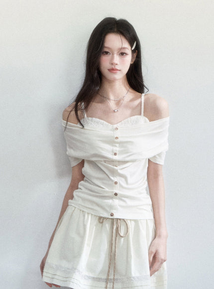 Soft Buttoned Off-Shoulder Top