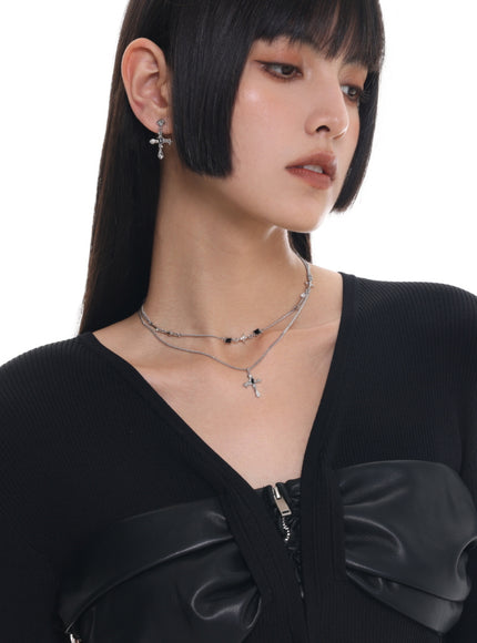Layered Cross Charm Chain Necklace