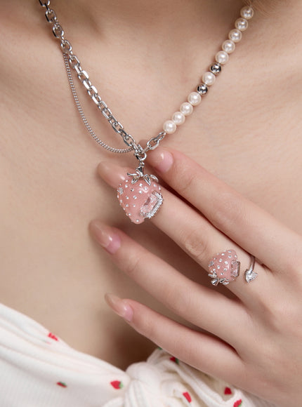 Crystal Strawberry Pendant Necklace & Open Ring