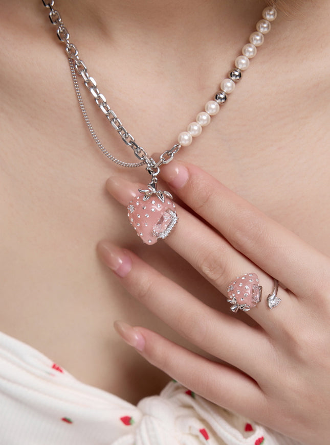 Crystal Strawberry Pendant Necklace & Open Ring