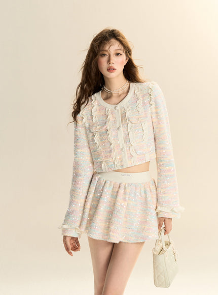 Pastel Tweed Ruffle Two-Piece Set