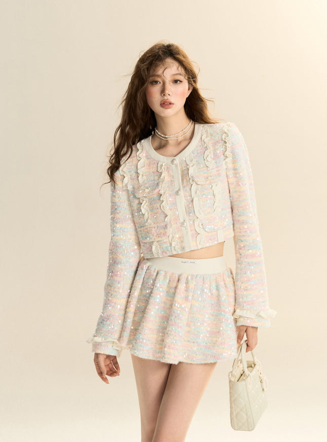 Pastel Tweed Ruffle Two-Piece Set