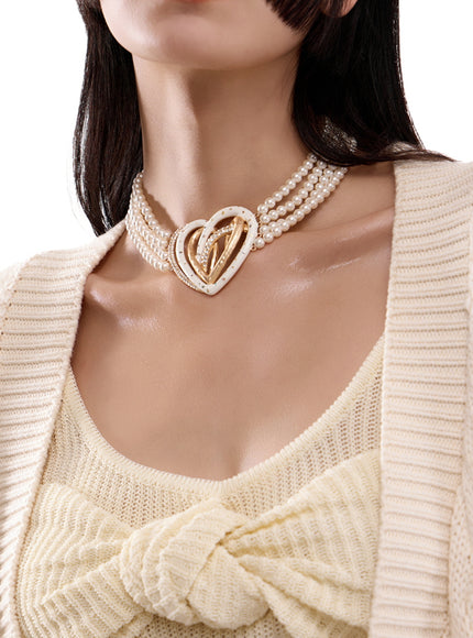 Golden Double Heart Pearl Choker Necklace
