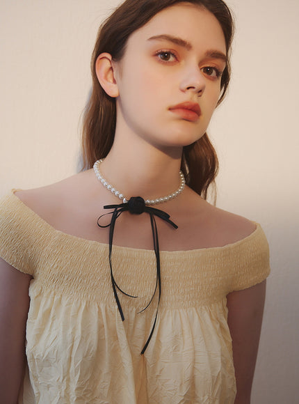 Pearl Rose Ribbon Tie Choker