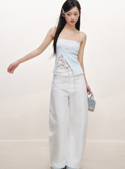 Lace Panel Slim Camisole Top - Blue