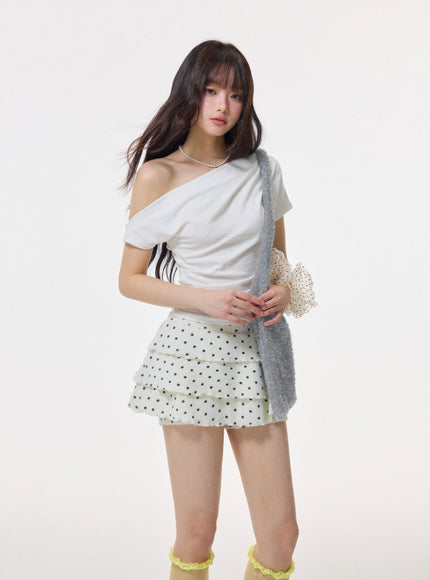 Asymmetrical Off-Shoulder Draped Top - White