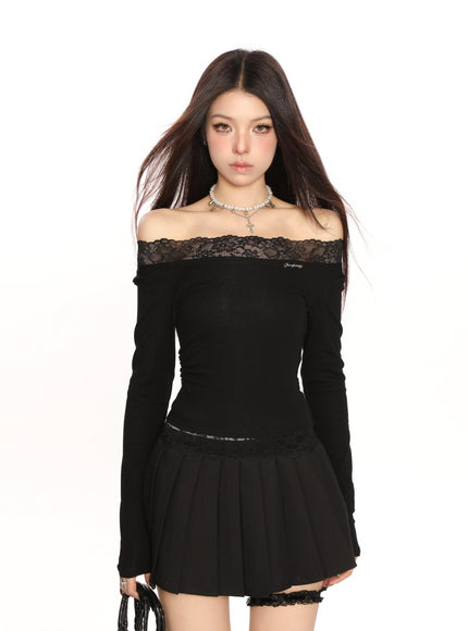 Lace Trim Off-Shoulder Top - Black