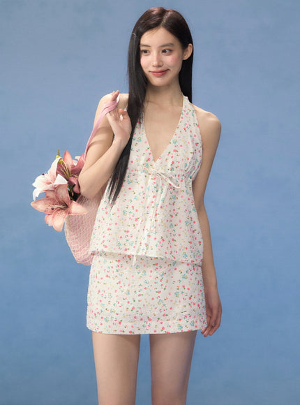 Floral Halter Neck Peplum Top