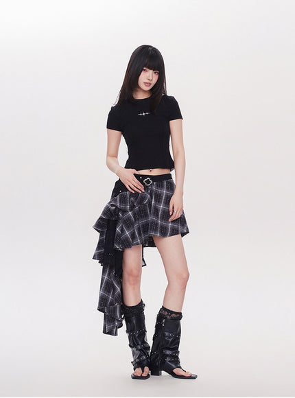 Asymmetrical Plaid Ruffle Mini Skirt