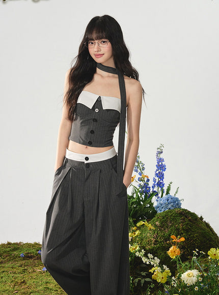 Panel Bustier and Wide-Leg Pants Set