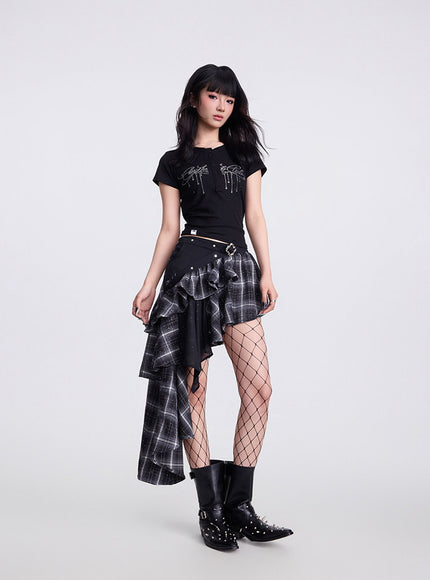 Asymmetrical Plaid Ruffle Mini Skirt
