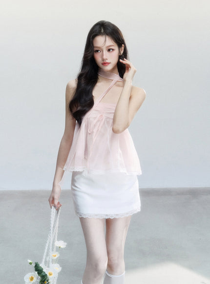 Sheer Ribbon Tie Strapless Blouse
