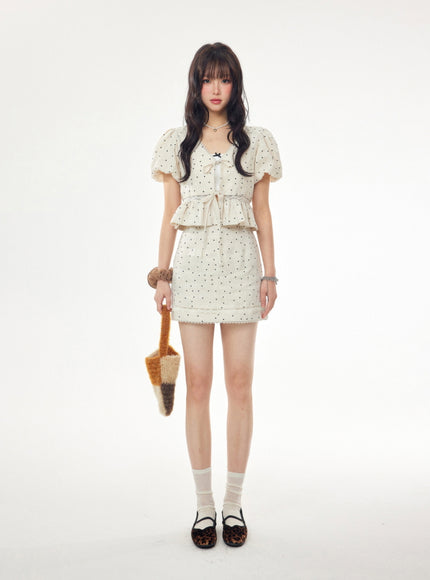 Dotted Linen Puff Sleeve Blouse and Skirt Set
