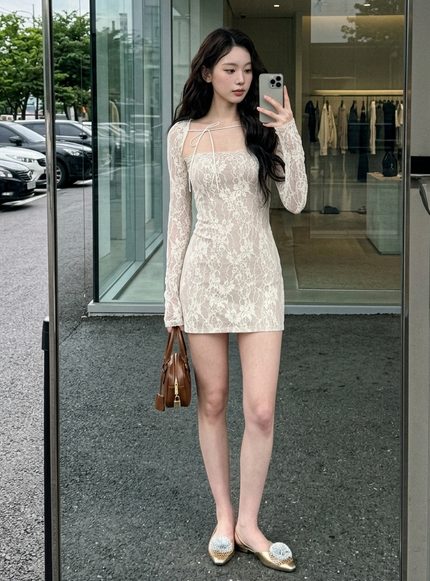 Sheer Ribbon Lace Slim Dress