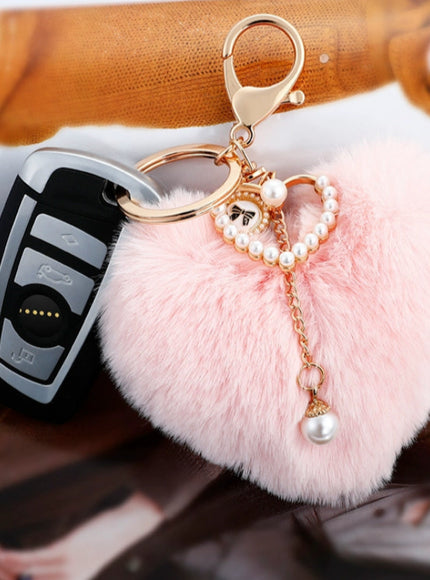 Fuzzy Heart Pearl Drop Keyring