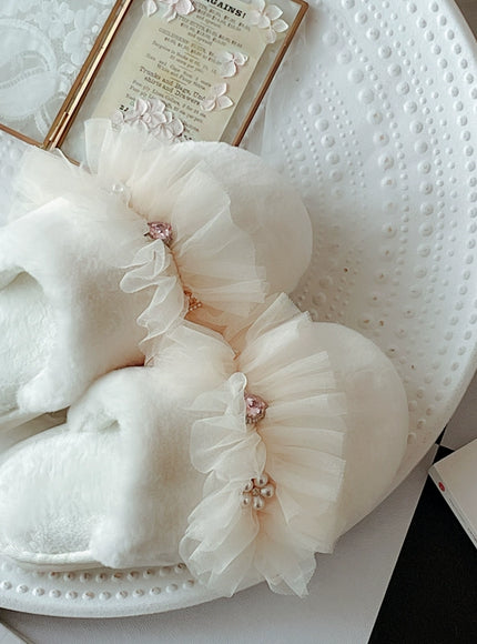 Rosette Charm Mesh-Ruffle Home Slippers