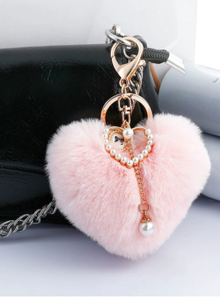 Fuzzy Heart Pearl Drop Keyring