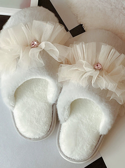 Rosette Charm Mesh-Ruffle Home Slippers