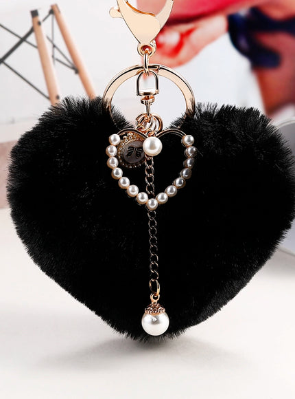 Fuzzy Heart Pearl Drop Keyring