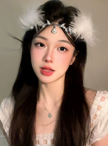 Silver Fairy Crown & Fluff Hair Clip Set