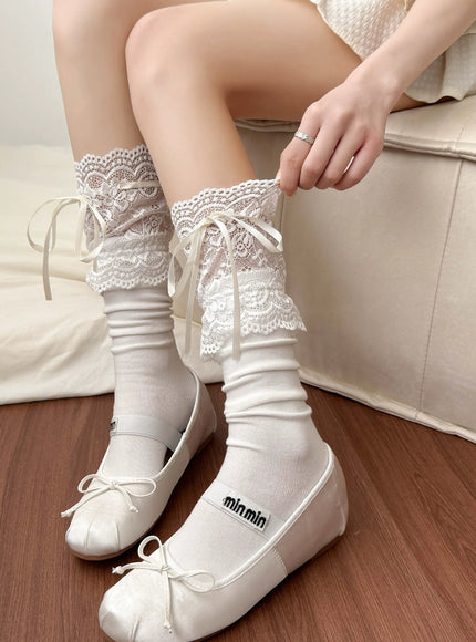 Ruffle Lace Shirring Knee-high Socks