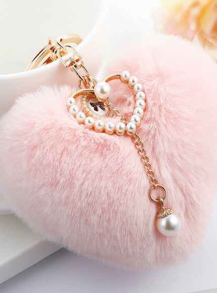 Fuzzy Heart Pearl Drop Keyring