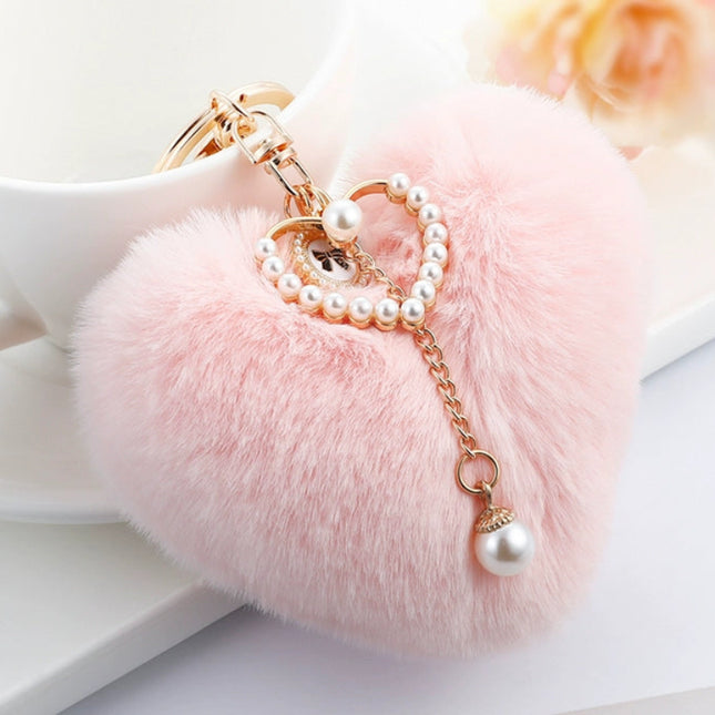 Fuzzy Heart Pearl Drop Keyring