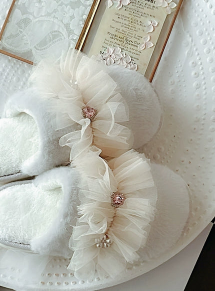 Rosette Charm Mesh-Ruffle Home Slippers