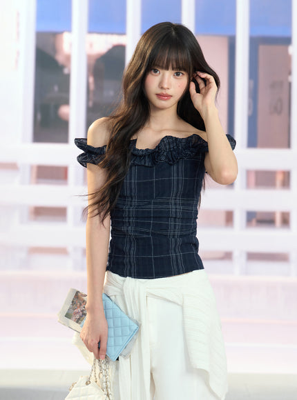 Ruffle Off-Shoulder Plaid Top