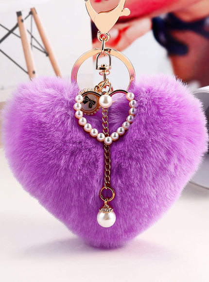 Fuzzy Heart Pearl Drop Keyring