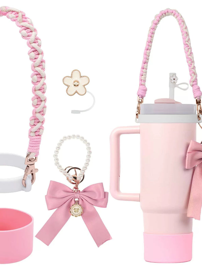 Pastel Bow Strap Tumbler Accessories Set