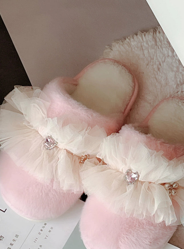 Rosette Charm Mesh-Ruffle Home Slippers