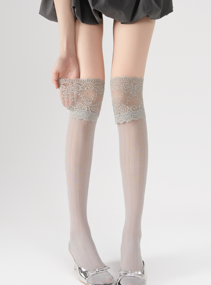 Floral Lace Band Mesh Overknee Socks