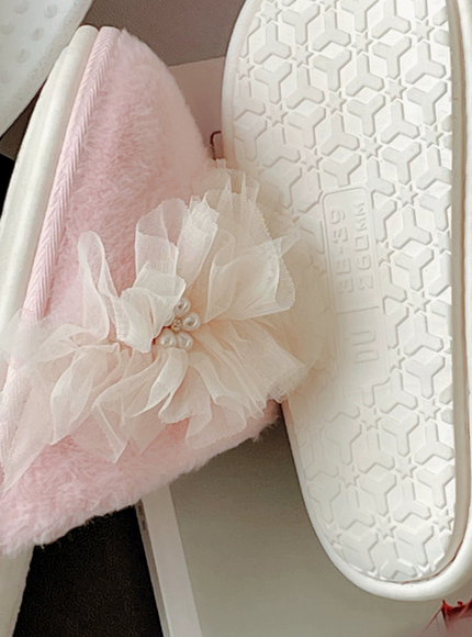 Rosette Charm Mesh-Ruffle Home Slippers