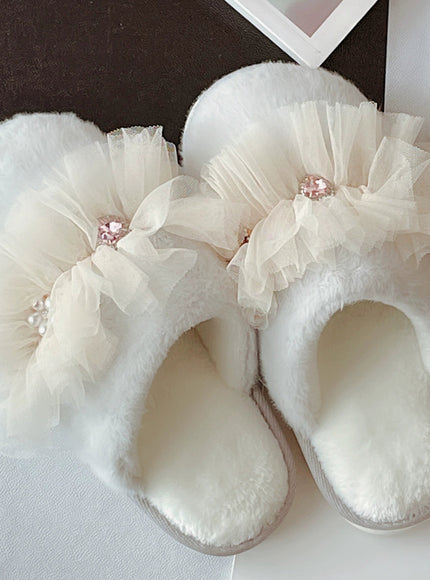 Rosette Charm Mesh-Ruffle Home Slippers