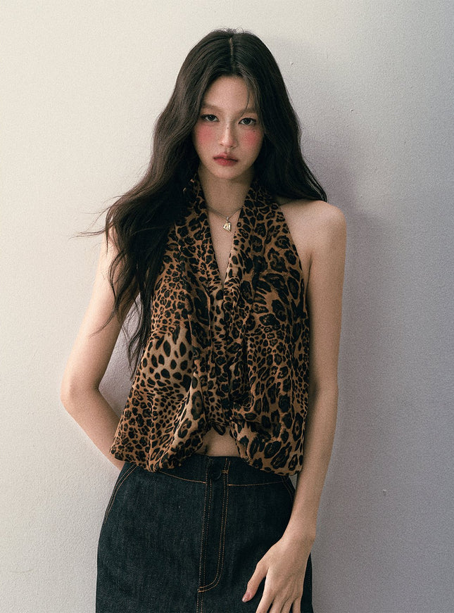 Leopard Halter Draped Top