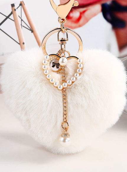 Fuzzy Heart Pearl Drop Keyring