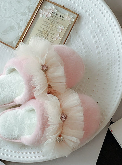 Rosette Charm Mesh-Ruffle Home Slippers