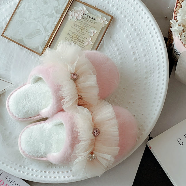 Rosette Charm Mesh-Ruffle Home Slippers