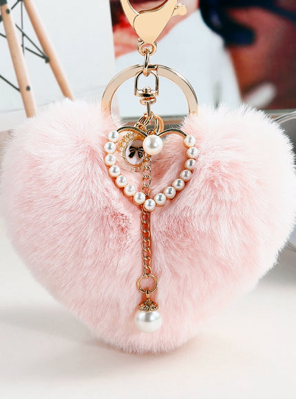 Fuzzy Heart Pearl Drop Keyring