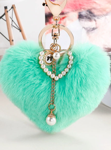 Fuzzy Heart Pearl Drop Keyring